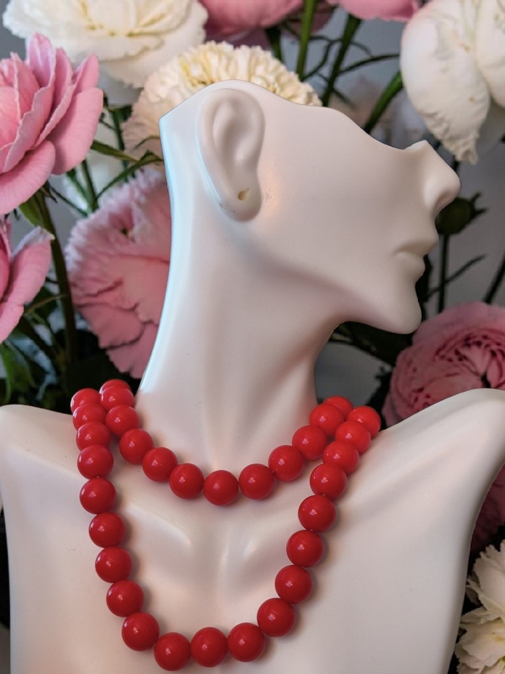 Vtg Red Beaded Statement Necklace